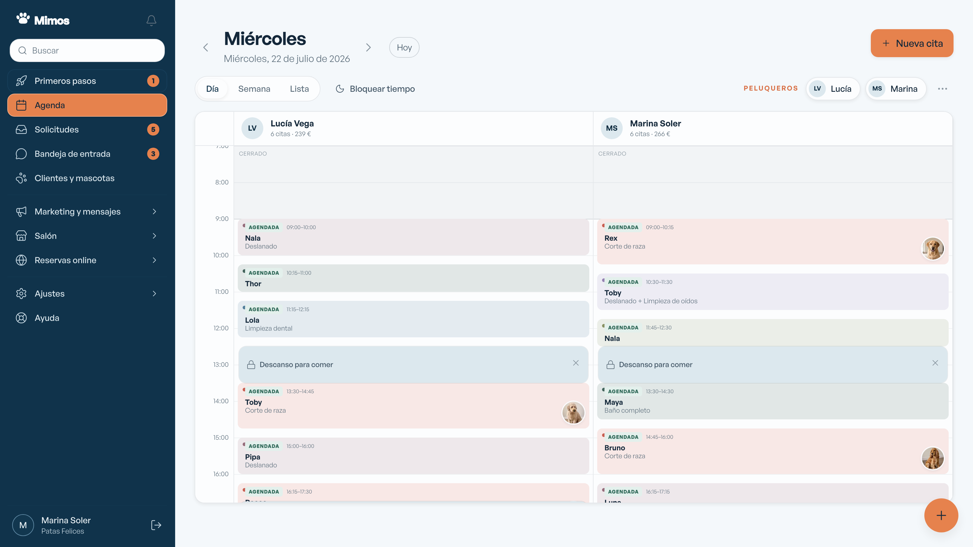 Agenda de Mimos en la aplicación web