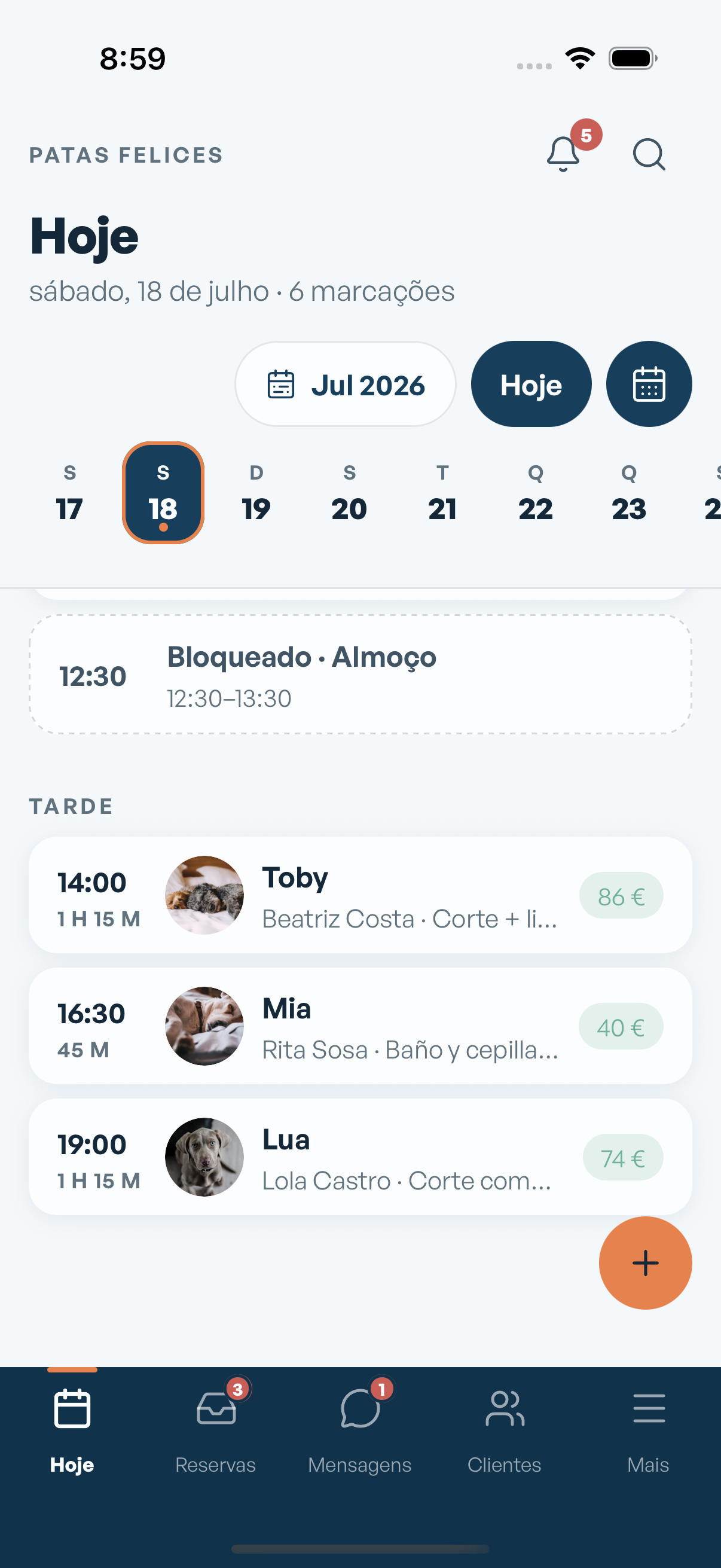 Agenda de hoje na aplicação móvel Mimos